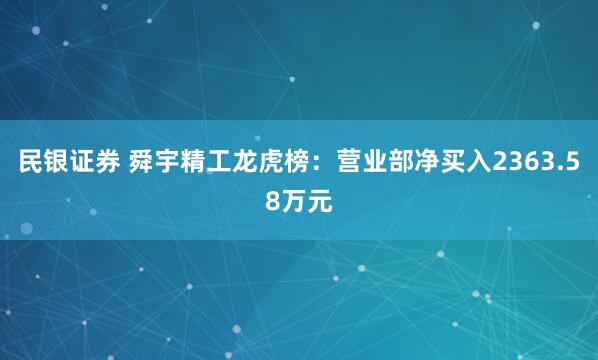 民银证券 舜宇精工龙虎榜：营业部净买入2363.58万元